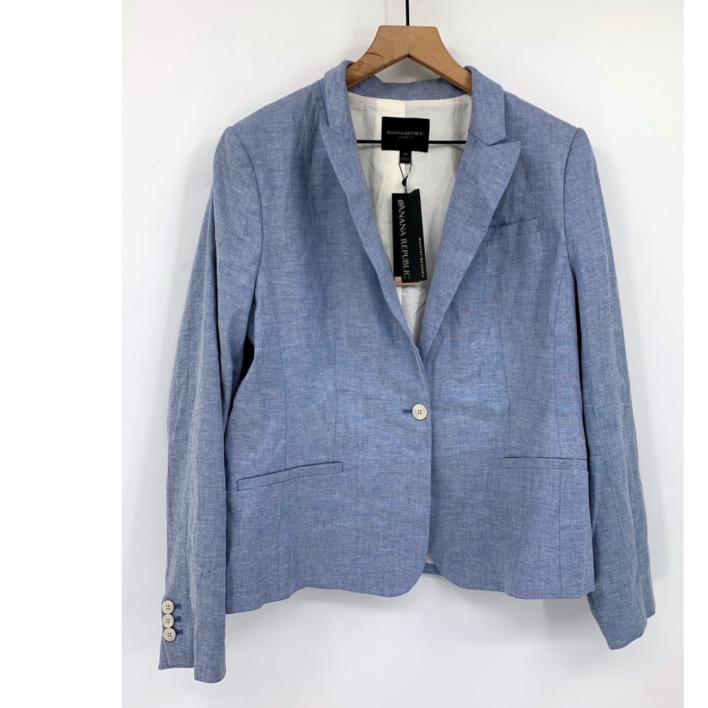 Banana Republic Blazer Womens 14 Blue Linen Cotton Stretch Machine Washable NEW